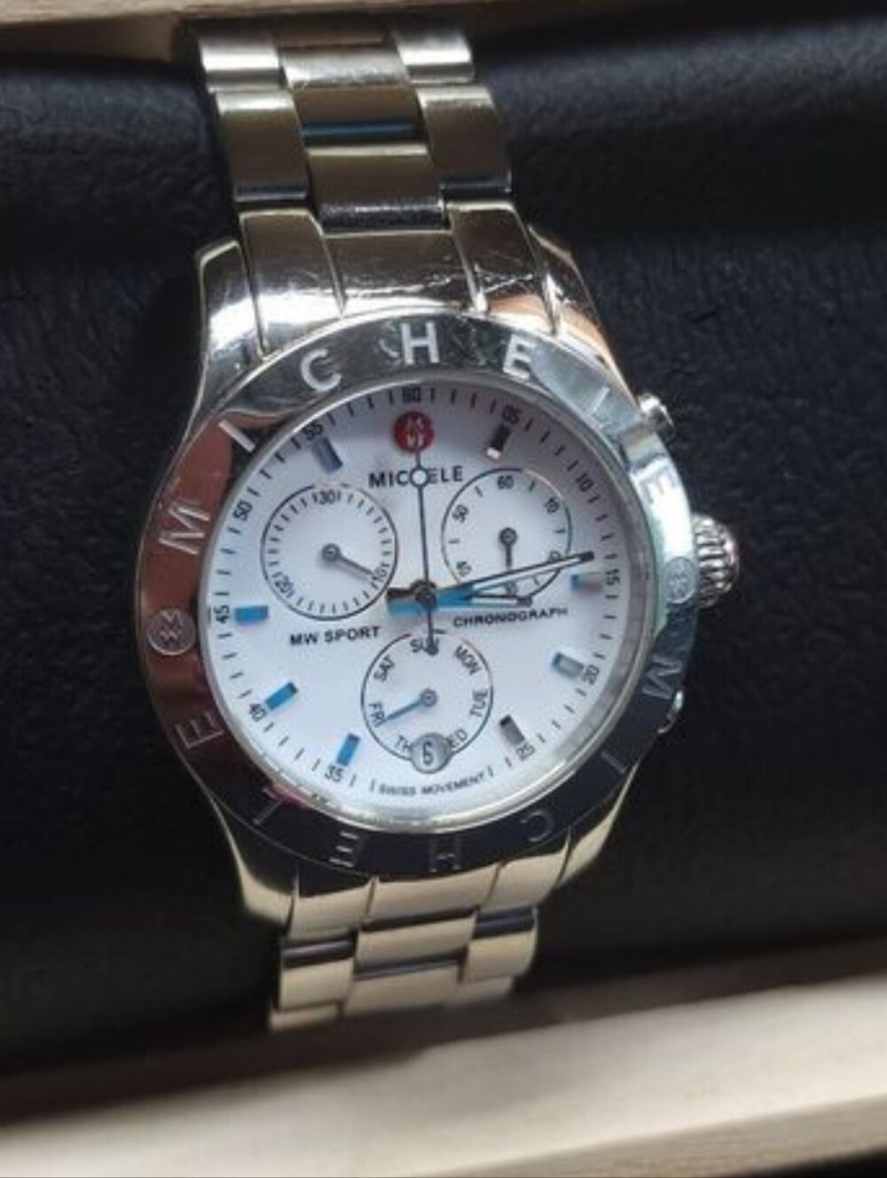 Michele MW Sport Silver Chronograph Swiss Quartz Watch EUC AUTHENTIC